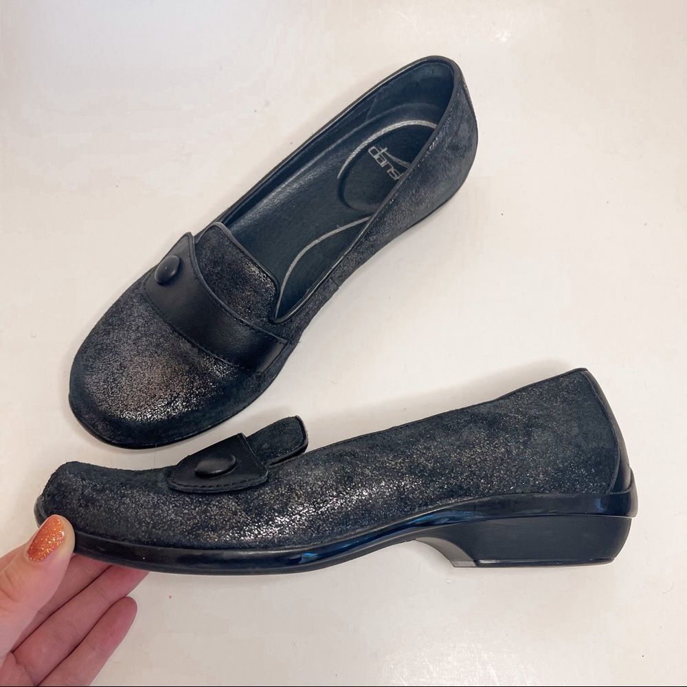 Dansko Olena Crackle Black Leather Loafers Size 37